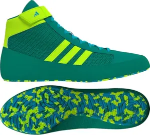 Teal and solar green adidas HVC wrestling shoes with mesh upper