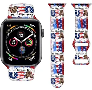 Wrist wearing a red, white, and blue American flag silicone Apple Watch band