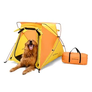 Pawthway yellow large dog tent set up on campsite ground