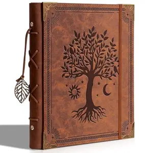 Ovesmusl vintage brown leather photo album with Tree of Life design