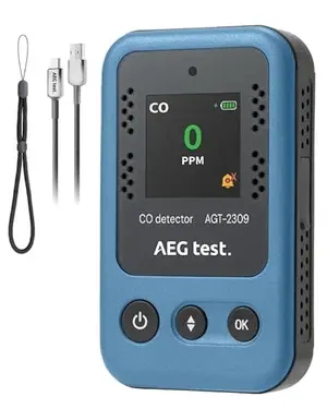 Blue portable carbon monoxide detector with lanyard and breathing light