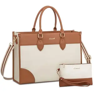 Beige and yellowish-brown canvas laptop tote with cup holder and removable clutch