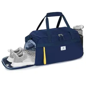 SKYSPER 35L gym bag in blue showing the clamshell opening and side pockets