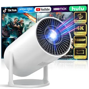 White Sainellor AMX100 mini projector with 270° rotatable stand, projecting onto wall