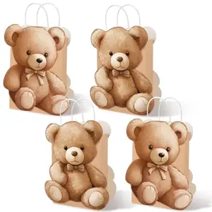 Brown paper bags with two bear face designs, standing upright on a table