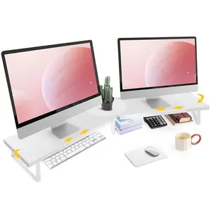 White adjustable monitor riser shelf holding two monitors side by side