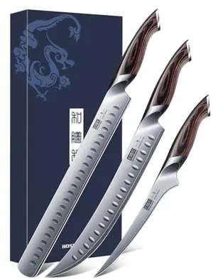 HOSHANHO 3-piece carving knife set with 12-inch, 10-inch, and 7-inch knives in a gift box