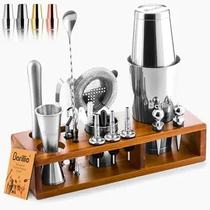 Barillio 23-piece mixology set with acacia wood stand and smoking gun, luxury bar accessory