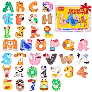 JoyCat magnetic letters and numbers set with animal designs on a refrigerator