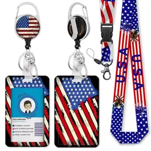 American flag lanyard with a clear badge holder and retractable reel clip