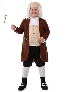 Brown colonial costume for kids with velvet coat and wig