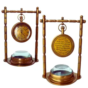 Vintage brass desk clock with compass and romantic engraved quote