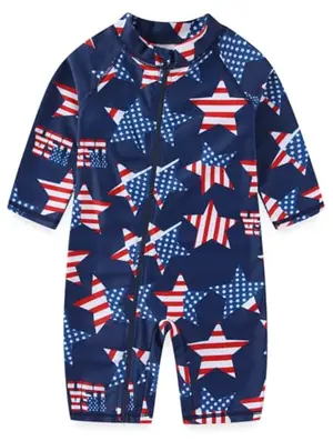 Baby boy wearing USA flag rash guard with full front zipper