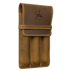 WANDERINGS brown leather pen pouch with three fountain pens neatly arranged in compartments