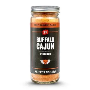 PS Seasoning Buffalo Cajun Wing Rub jar with spicy chicken wings