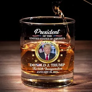 US Patriotic Pride Trump 2024 whiskey glass with double-sided printed design.