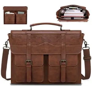 Brown vintage leather RAINSMORE messenger bag with magnetic flap closure