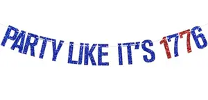 Glitter paper banner spelling Party Like It's 1776 hung across a fireplace mantle