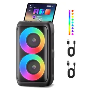 PWBSLAI Bluetooth speaker with two wireless microphones on a picnic table