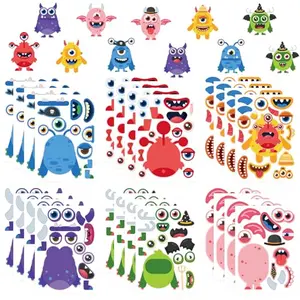 Pack of 24 colorful make-your-own monster face sticker sheets for kids Halloween activities