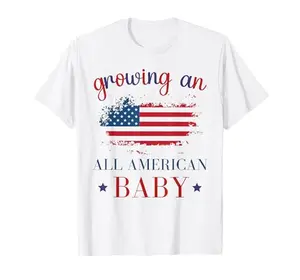 Pregnancy announcement t-shirt with 'Growing An All American Baby' design for 4th of July