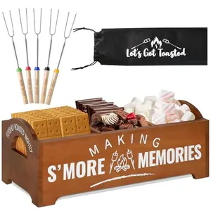 Zecela wooden smores caddy with roasting sticks and compartments