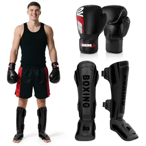 JUOIFIP Kickboxing Shin Guards and 16 OZ Boxing Gloves bundle in black, large