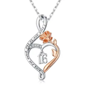 Sweet 16 sterling silver necklace with rose flower and infinity heart pendant
