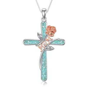 Turquoise cross necklace sterling silver rose flower pendant