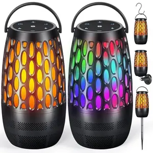 Dehikewell outdoor bluetooth speakers with flame lights hanging on a patio