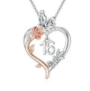 Sweet 16 sterling silver necklace with rose heart and butterfly pendant