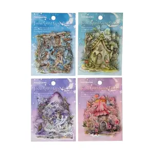 Sheet of 80 fairy-themed stickers with mushroom houses and ethereal forest designs