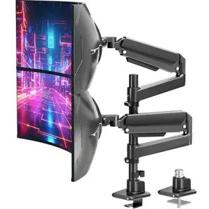 MOUNT PRO heavy-duty dual monitor arm holding two large curved ultrawide monitors