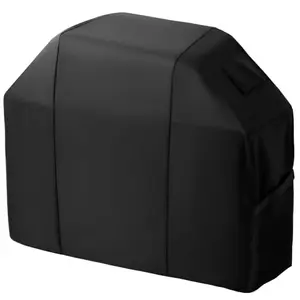 ADTOGA black grill cover with buckle straps on a gas grill, showing taped seams