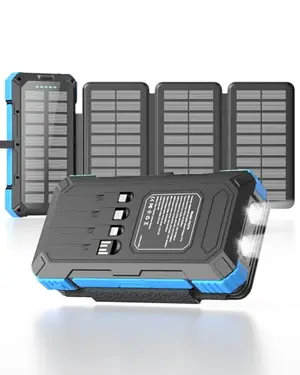 Kepswin 49800mAh blue solar power bank with four built-in cables and carabiner
