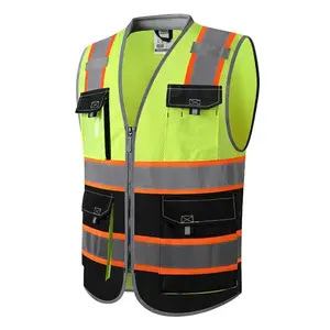 Yellow safety vest with cushioned collar and orange stripes