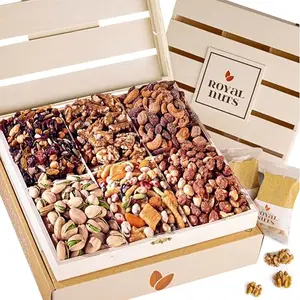 Royal Nuts gift basket with assortment of nuts in a reusable wooden crate
