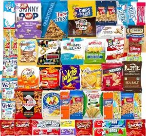 Large assortment of name-brand snacks including chips, cookies, and crackers in a gift box