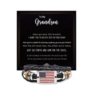 Braided black leather bracelet with American flag metal charm for grandson
