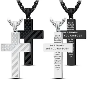 LAOYOU two-piece stainless steel patriotic cross set in silver and black with Joshua 1:9