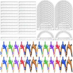 Zealor 72 pack colorful compasses and protractors spread out on a desk