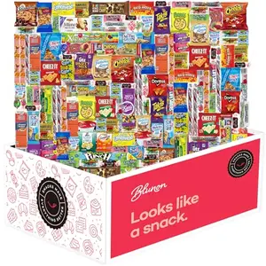 Large box containing 160 individually wrapped snack packs of chips, cookies, and candy