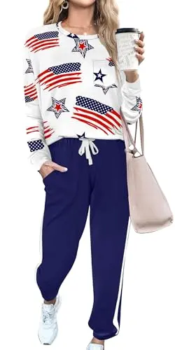 Women's two-piece lounge set with USA flag design, including pullover top and striped sweatpants