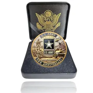 A commemorative Army and Navy 250th anniversary coin in a metal gift box with leather-style exterior