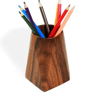 Square acacia wood pencil cup on a desk
