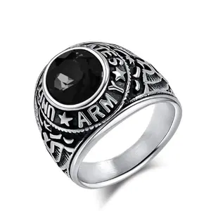 SMANXEY US Military Honor Ring with silver-tone titanium steel and red/blue/green/black gemstones, patriotic Army design