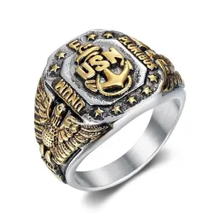 SMANXEY E Pluribus Unum US Navy titanium steel ring with 3D anchor and eagle, vintage military design