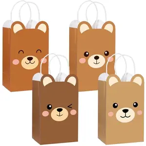 Set of brown paper treat bags with various bear face designs and sturdy handles