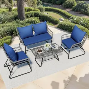 YITAHOME navy blue wicker loveseat and chairs set with glass table