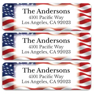 Sheet of American flag border mailing labels in matte finish